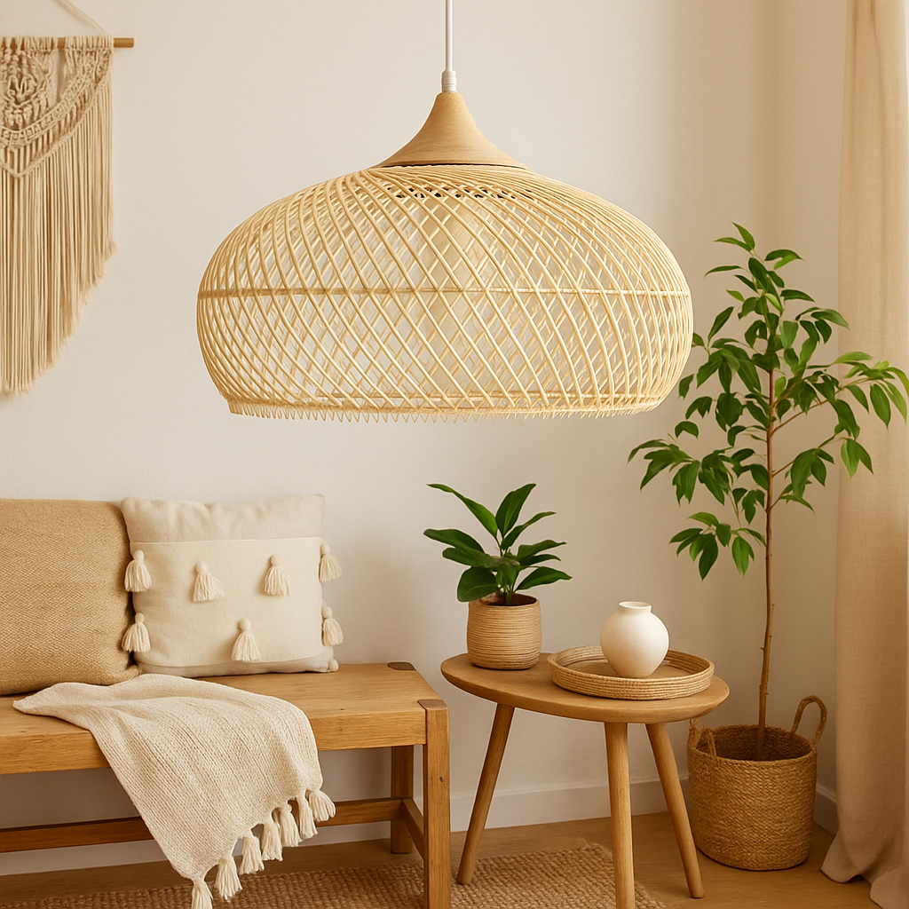 Suspension bohème chic LED bambou et rotin WabiSabi