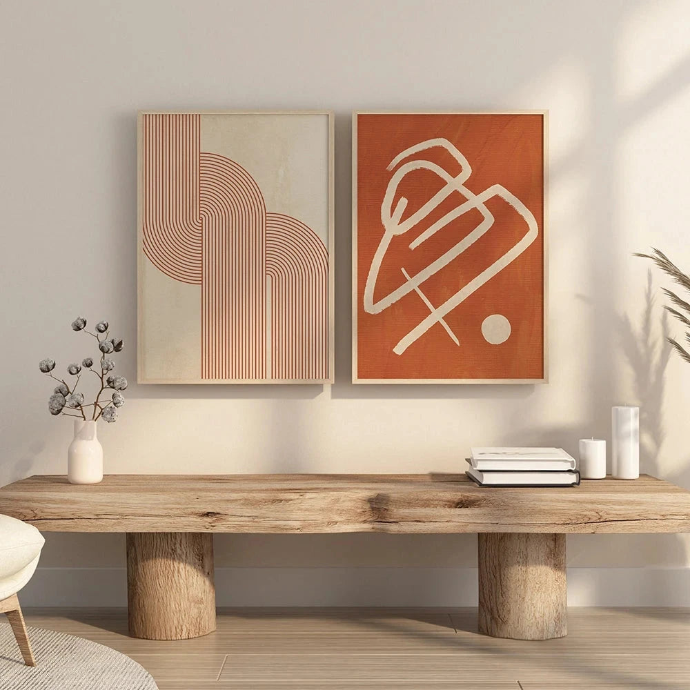 Affiche Murale Moderne Abstraite Beige Sur Fond Terracotta-Déco Bohème