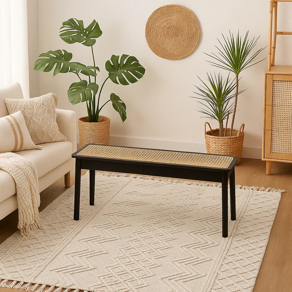 Banc En Bois Noir Avec Assise En Cannage Bohème Chic-Déco Bohème