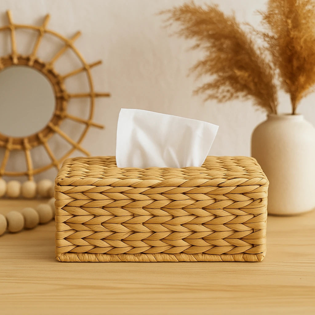 Boîte À Mouchoirs Tressée En Rotin Et Jacinthe D’Eau-Déco Bohème