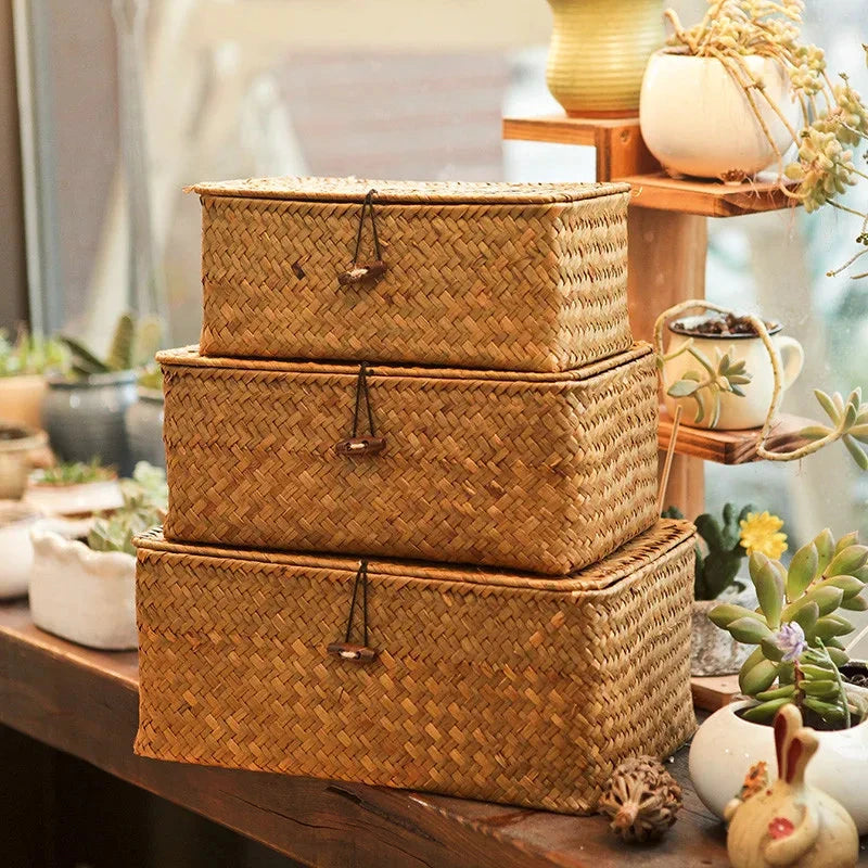 Boîte De Rangement Tressée Avec Couvercle-Déco Bohème