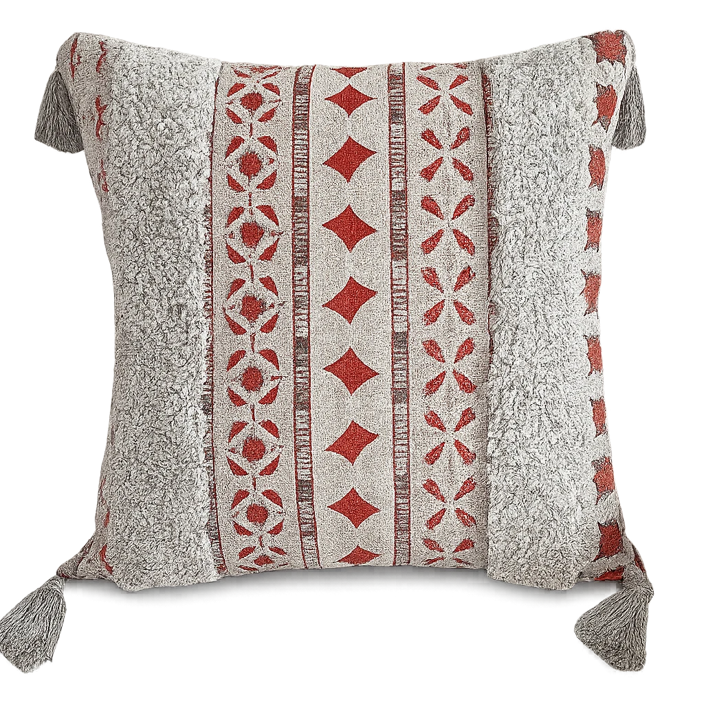 Coussin Bicolore Gris Et Rouge En Lin 43x43cm-Déco Bohème
