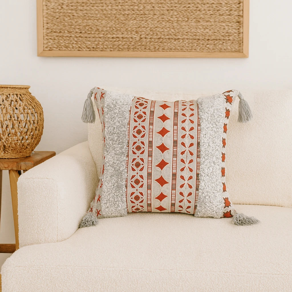 Coussin Bicolore Gris Et Rouge En Lin 43x43cm-Déco Bohème