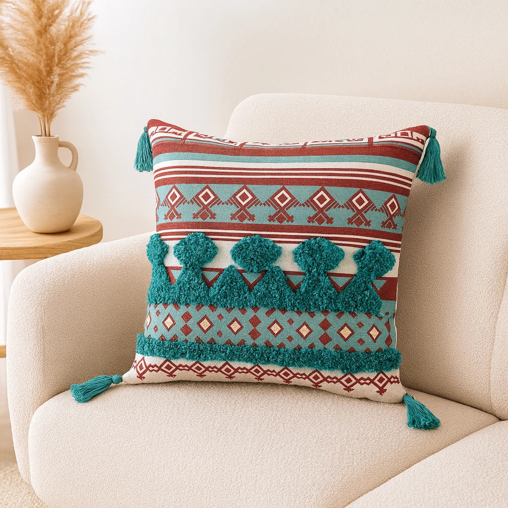 Coussin Bicolore Vert Et Rouge En Lin 43x43cm-Déco Bohème