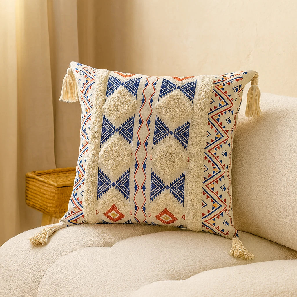 Coussin Bohème Beige En Lin Et Coton 43x43cm-Déco Bohème