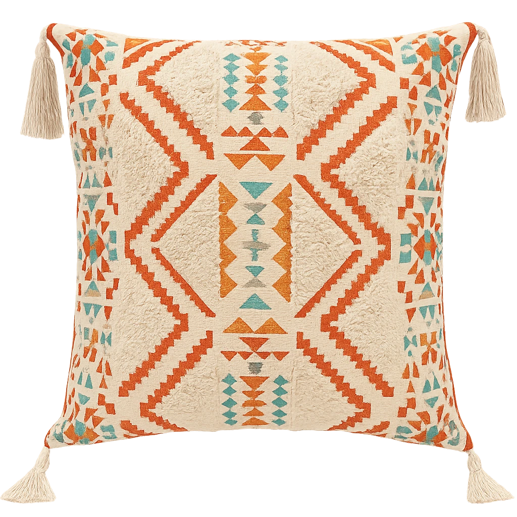 Coussin Bohème Beige et Rouge En Lin Et Coton 43x43cm-Déco Bohème