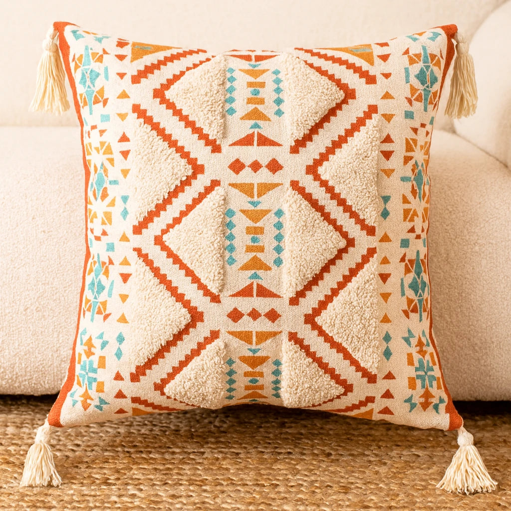 Coussin Bohème Beige et Rouge En Lin Et Coton 43x43cm-Déco Bohème
