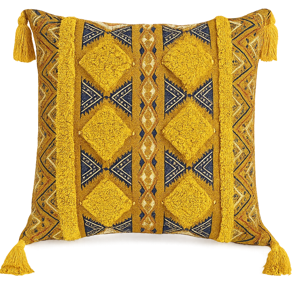 Coussin Jaune Imprimé Bohème En Lin 43x43cm-Déco Bohème