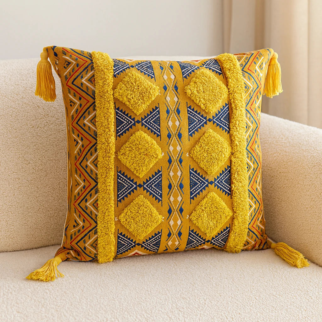Coussin Jaune Imprimé Bohème En Lin 43x43cm-Déco Bohème