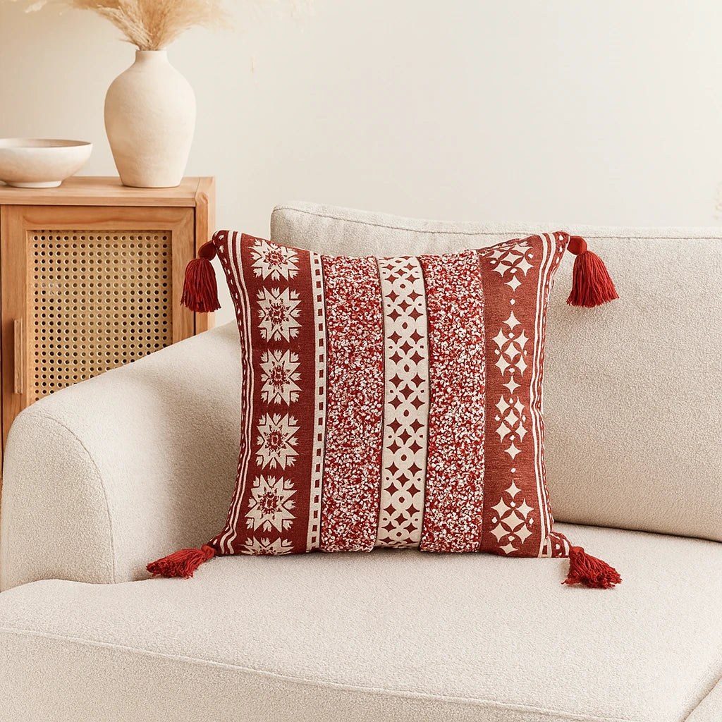 Coussin Rouge Bohème En Lin Et Coton 43x43cm-Déco Bohème