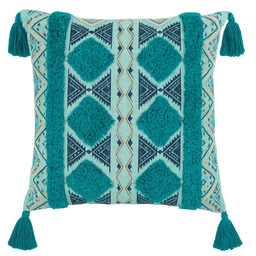Coussin Turquoise Bohème En Lin Et Coton 43x43cm-Déco Bohème