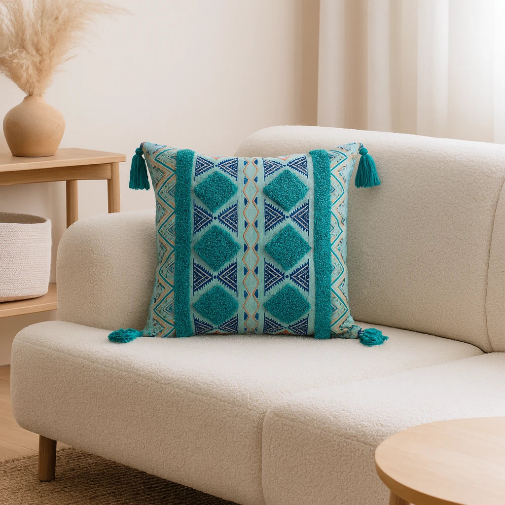 Coussin Turquoise Bohème En Lin Et Coton 43x43cm-Déco Bohème