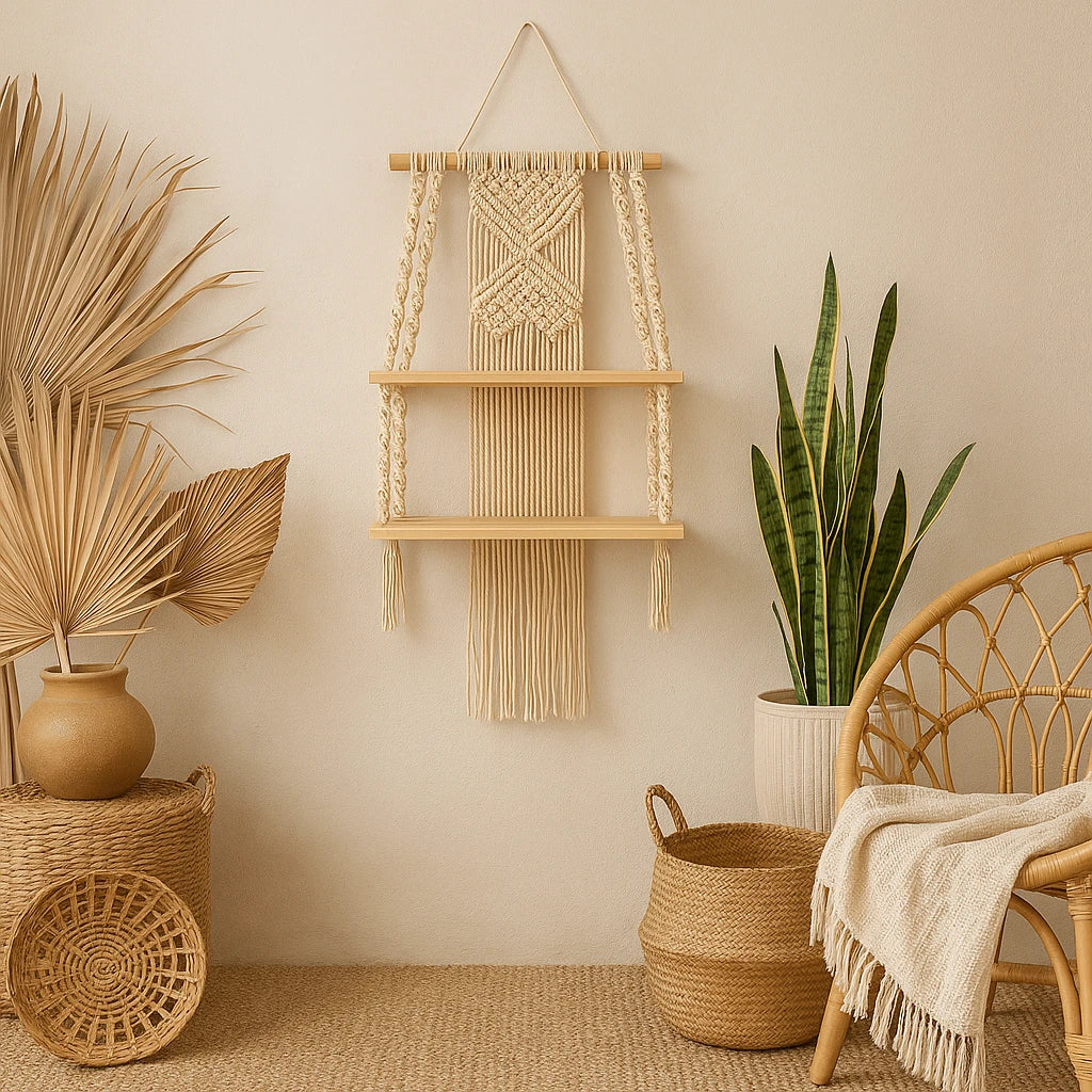 Étagère Murale En Macramé À 2 Niveaux 75x30cm-Déco Bohème