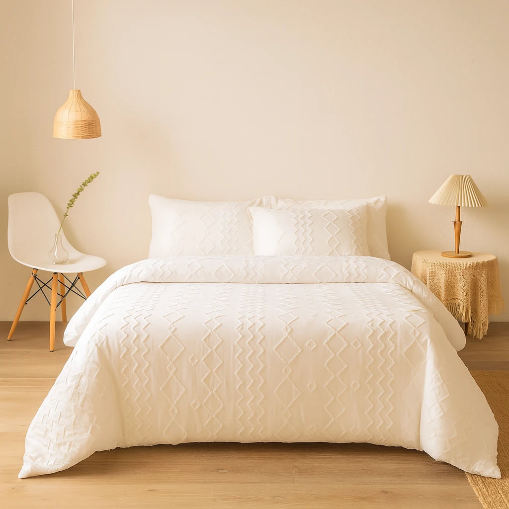 Housse De Couette Blanche À Motifs Géométriques-Déco Bohème