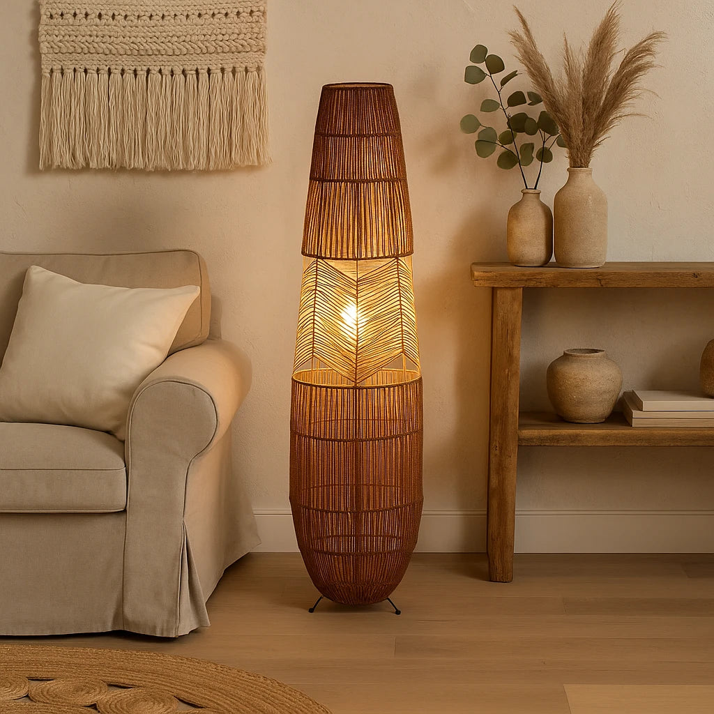 Lampadaire En Osier Et Corde De Chanvre 92x24cm-Déco Bohème