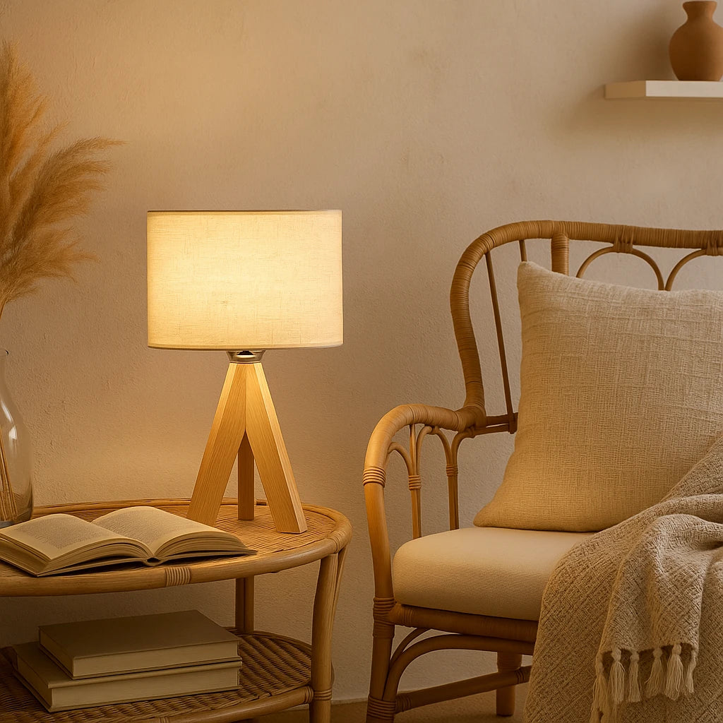 Lampe De Table En Bois Et Tissu Blanc 18x36cm-Déco Bohème