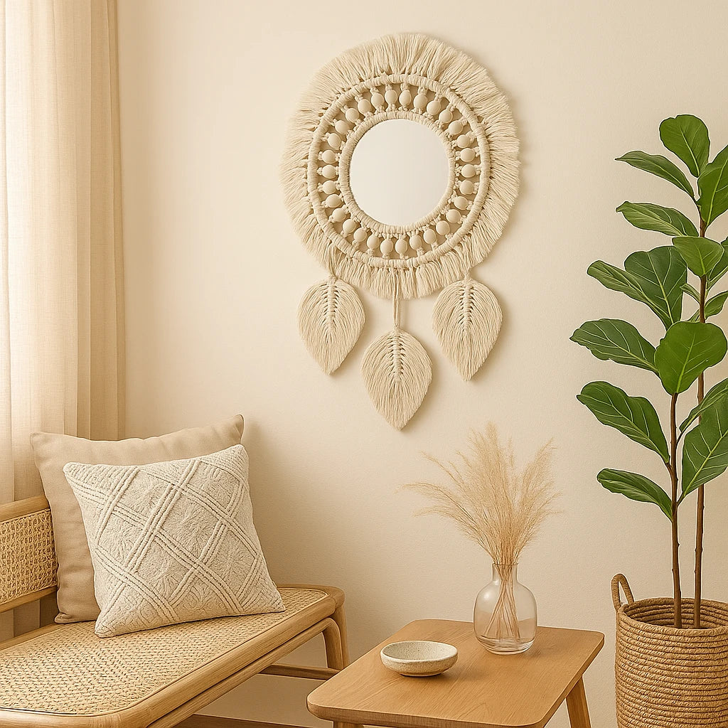 Miroir Bohème Macramé Plumes - 28cm-Déco Bohème