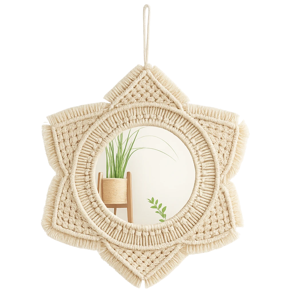 Miroir Mural Rond En Macramé Tressé En Étoile - 52cm-Déco Bohème