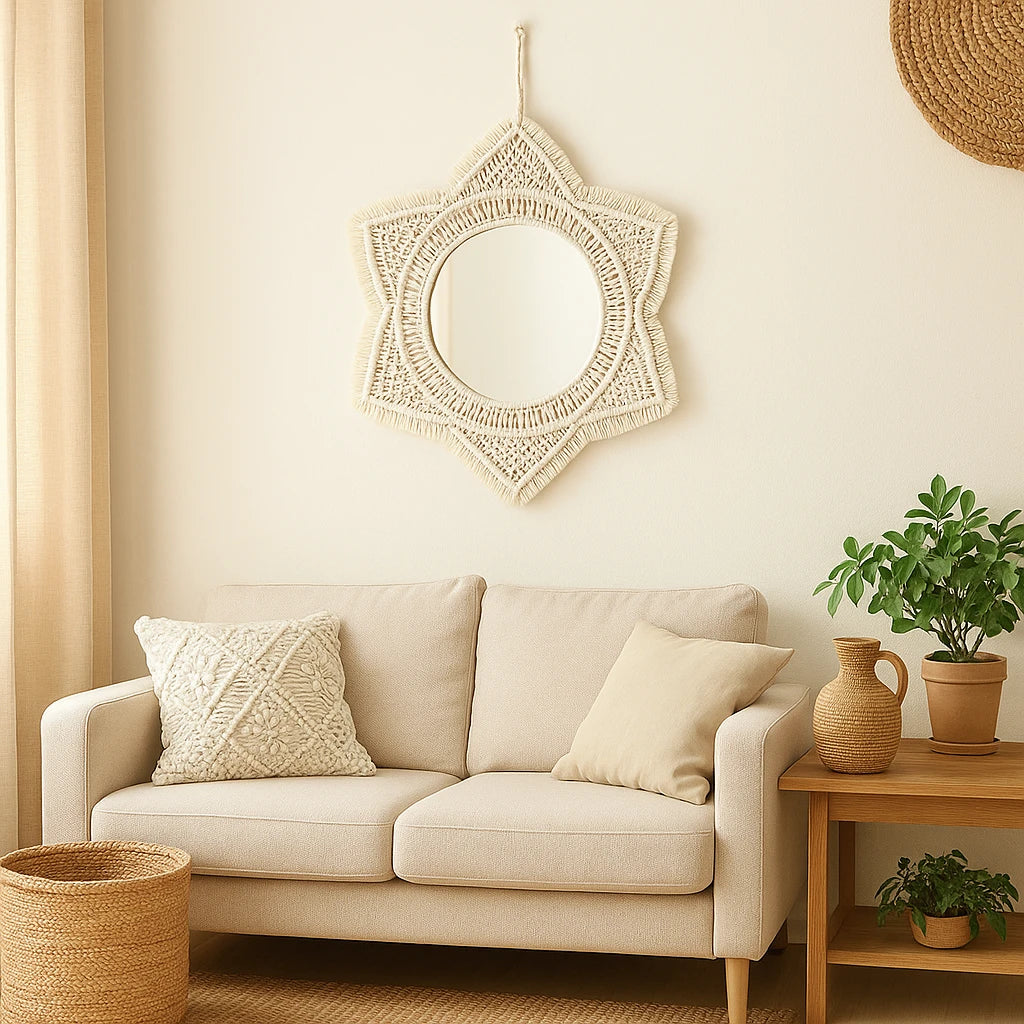 Miroir Mural Rond En Macramé Tressé En Étoile - 52cm-Déco Bohème