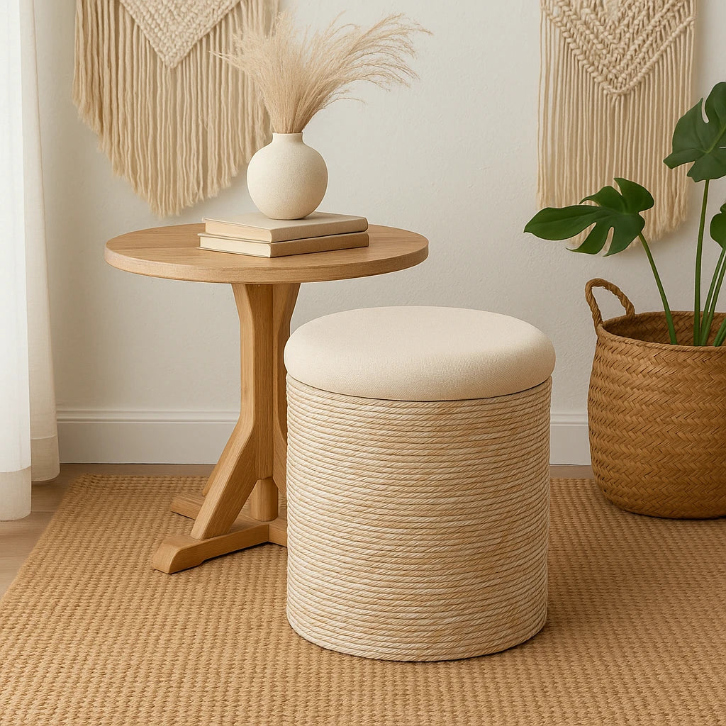 Pouf Bas En Imitation Rotin 40x41cm-Déco Bohème