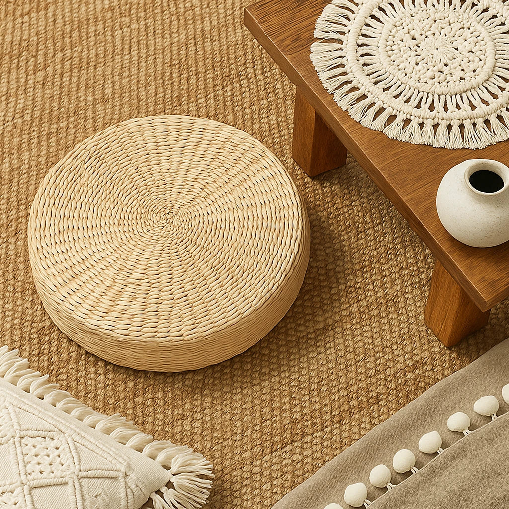 Pouf Rond En Paille Naturelle Tissée 40cm-Déco Bohème