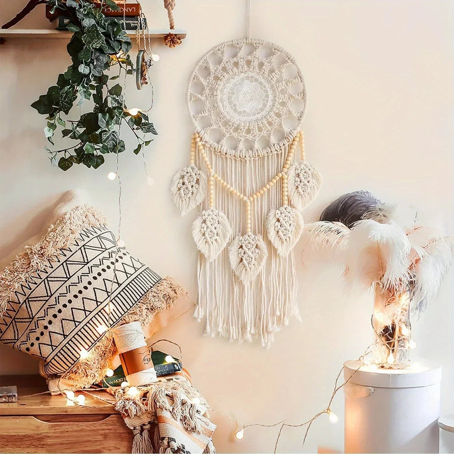 1 Pc Dream Macrame Dream Catchers for Bedroom Adult Dream Catcher Wall Decor Large Boho Wall Hanging with 5 Woven Leaves Wood-Déco Bohème