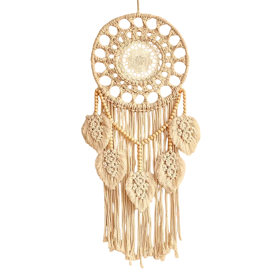 Grand attrape-rêves macramé mural feuilles tissées