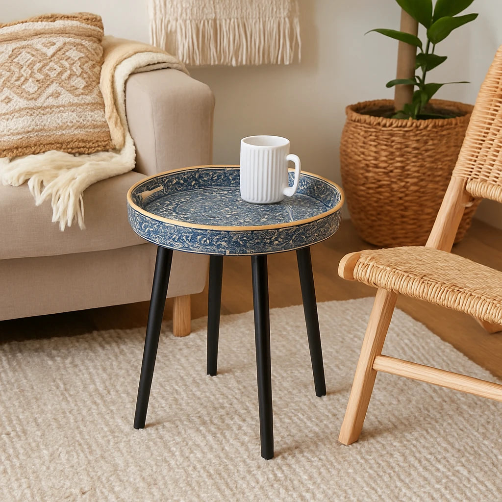 Table D'Appoint Ethnique Vintage Bleue 37,5x45cm-Déco Bohème