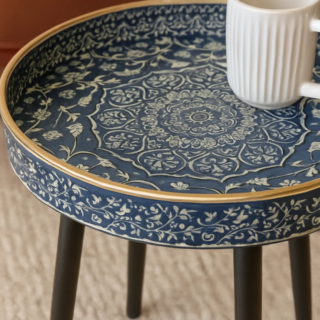 Table D'Appoint Ethnique Vintage Bleue 37,5x45cm-Déco Bohème