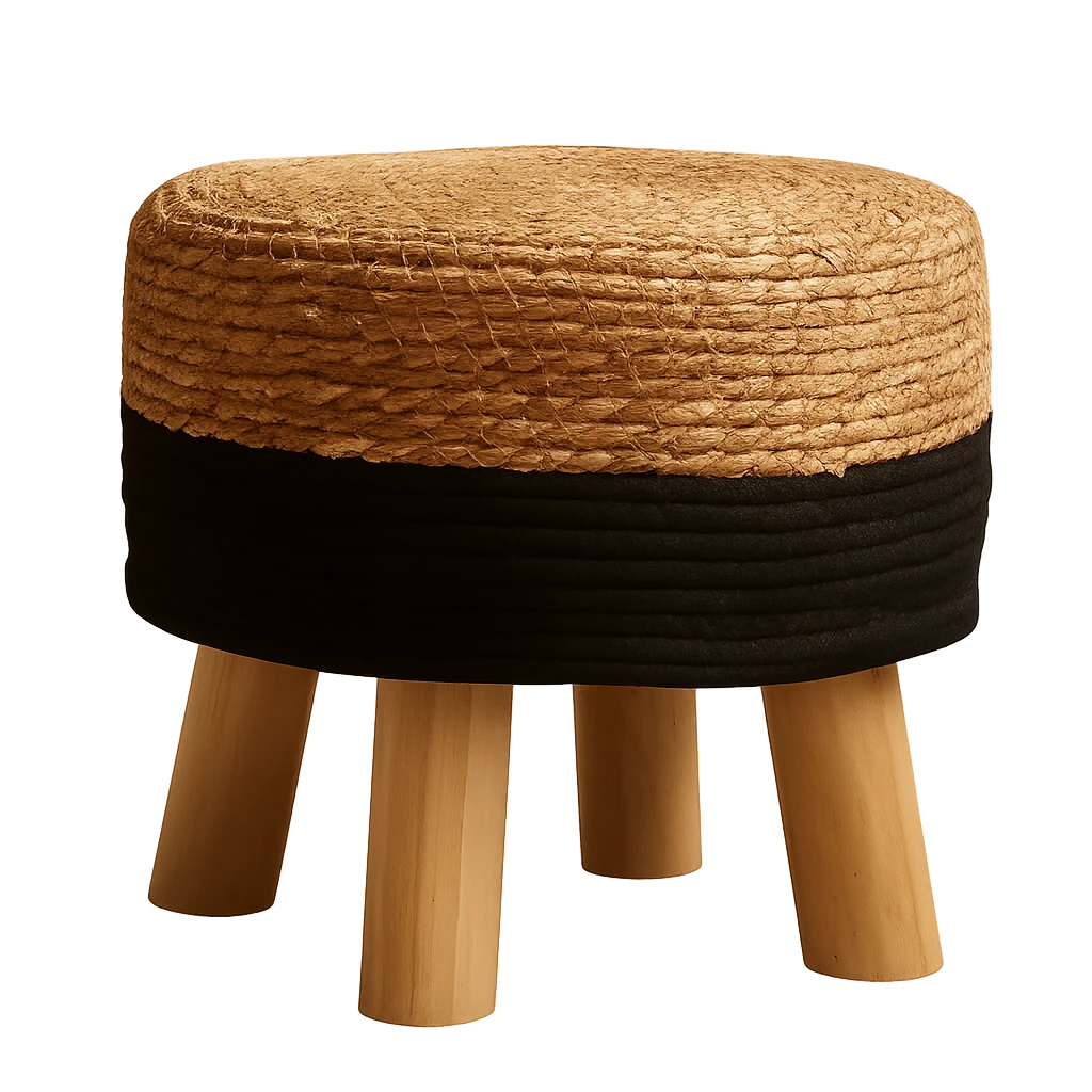 Tabouret Bohème Naturel Tressé Noir-Déco Bohème