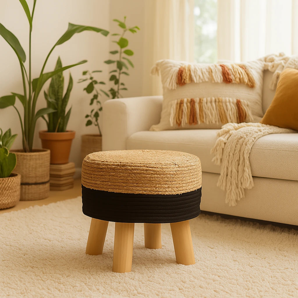Tabouret Bohème Naturel Tressé Noir-Déco Bohème