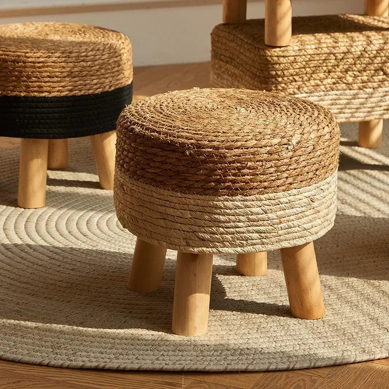 Tabouret Bohème Naturel Tressé Noir-Déco Bohème
