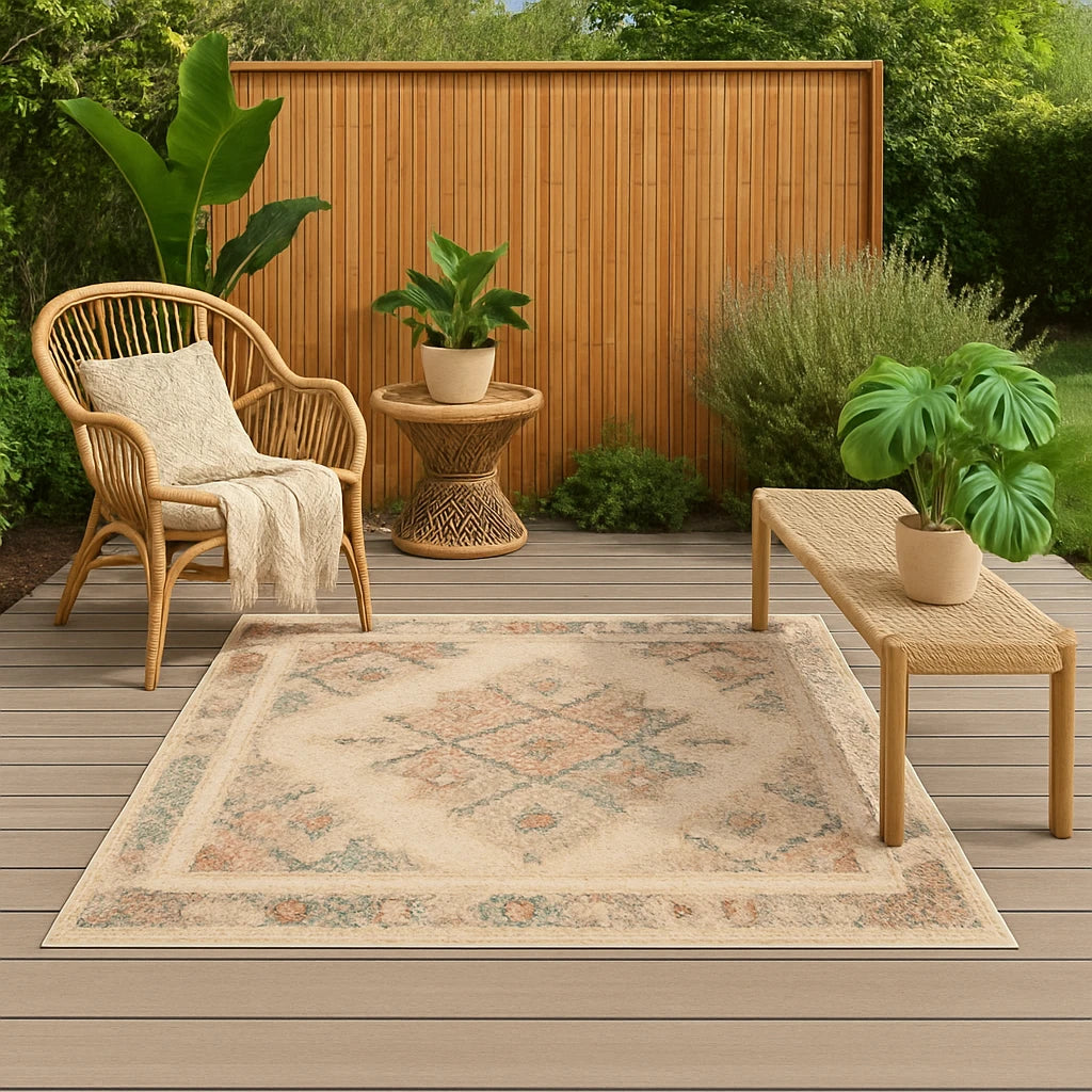 Tapis Extérieur Bohème Beige À Motifs Vintage-Déco Bohème