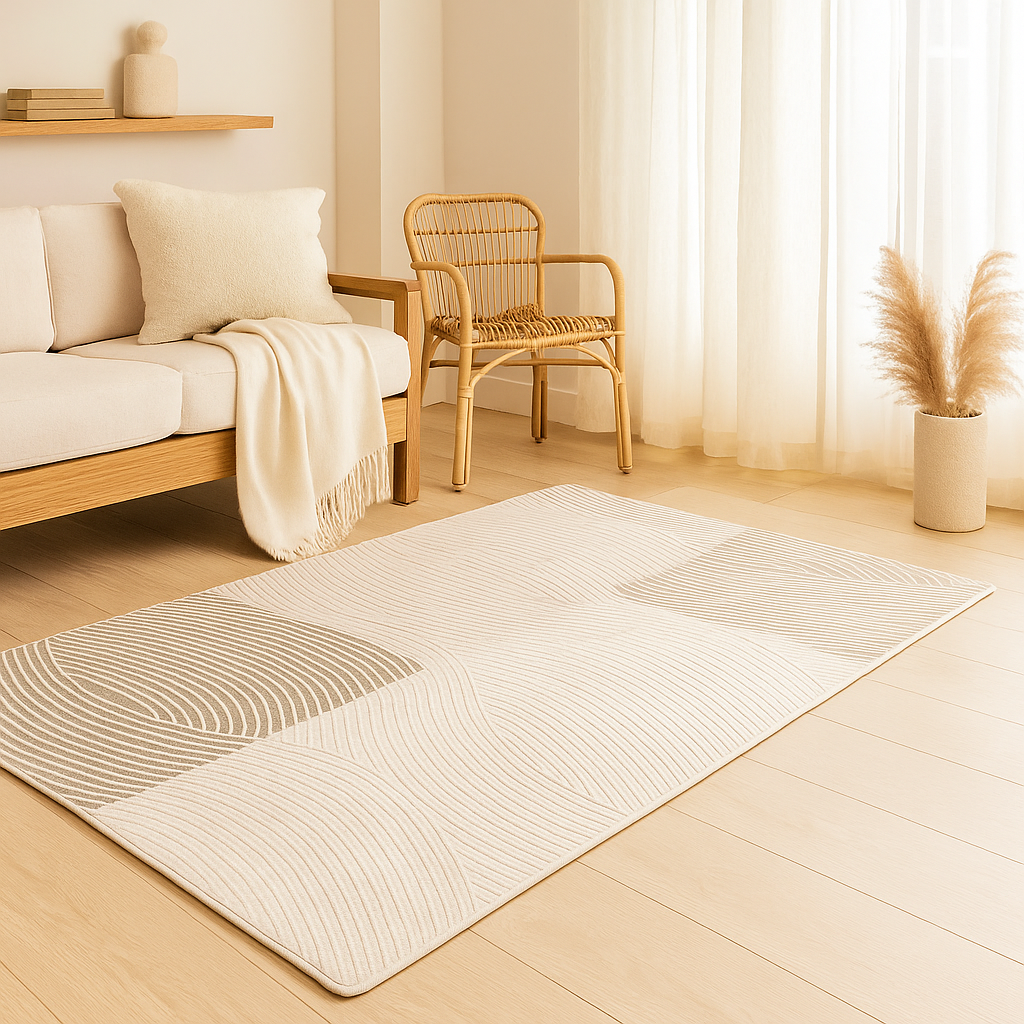 Grand Tapis Salon Beige Lignes Style Bohème Chic