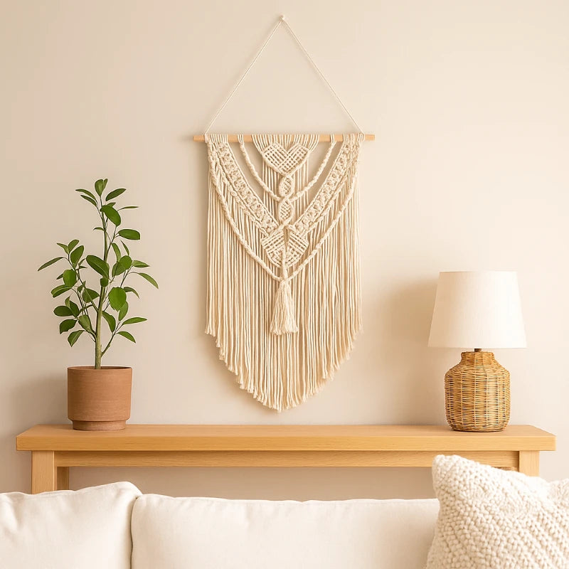 Tapisserie Murale Macramé en Coton et Bois Naturel-Déco Bohème