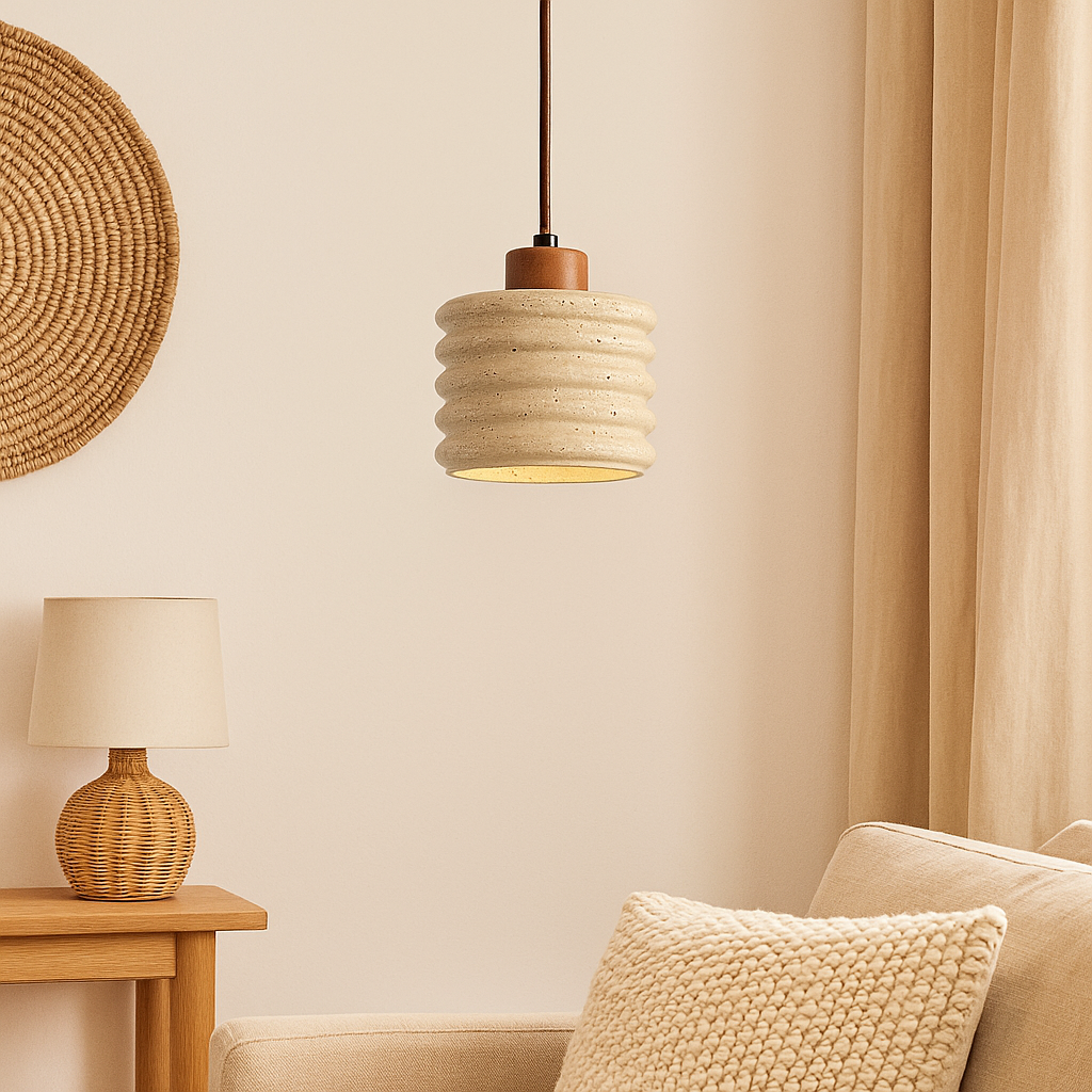 Suspension en pierre travertin jaune et bois LED-Déco Bohème