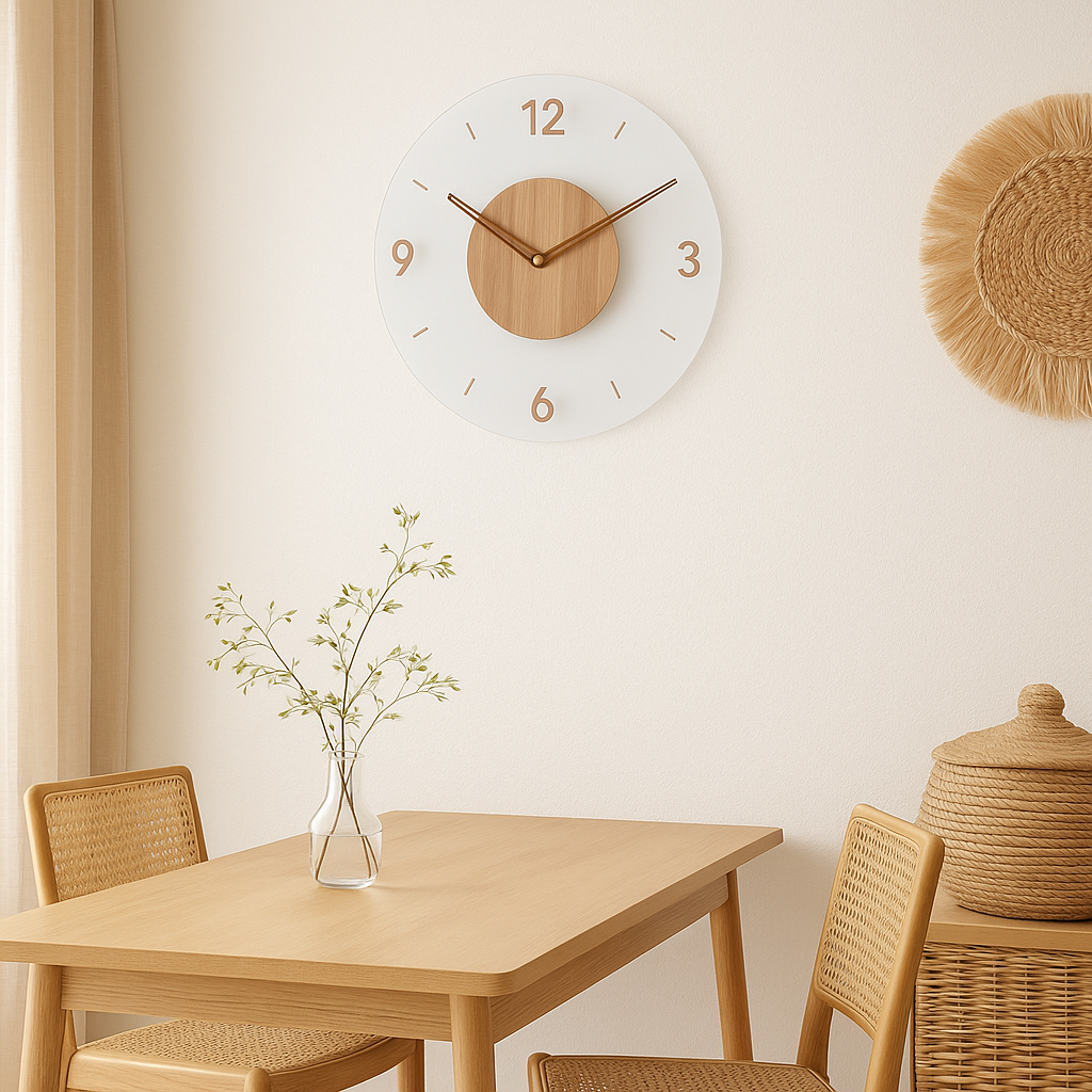 Horloge murale suspendue bois et transparent