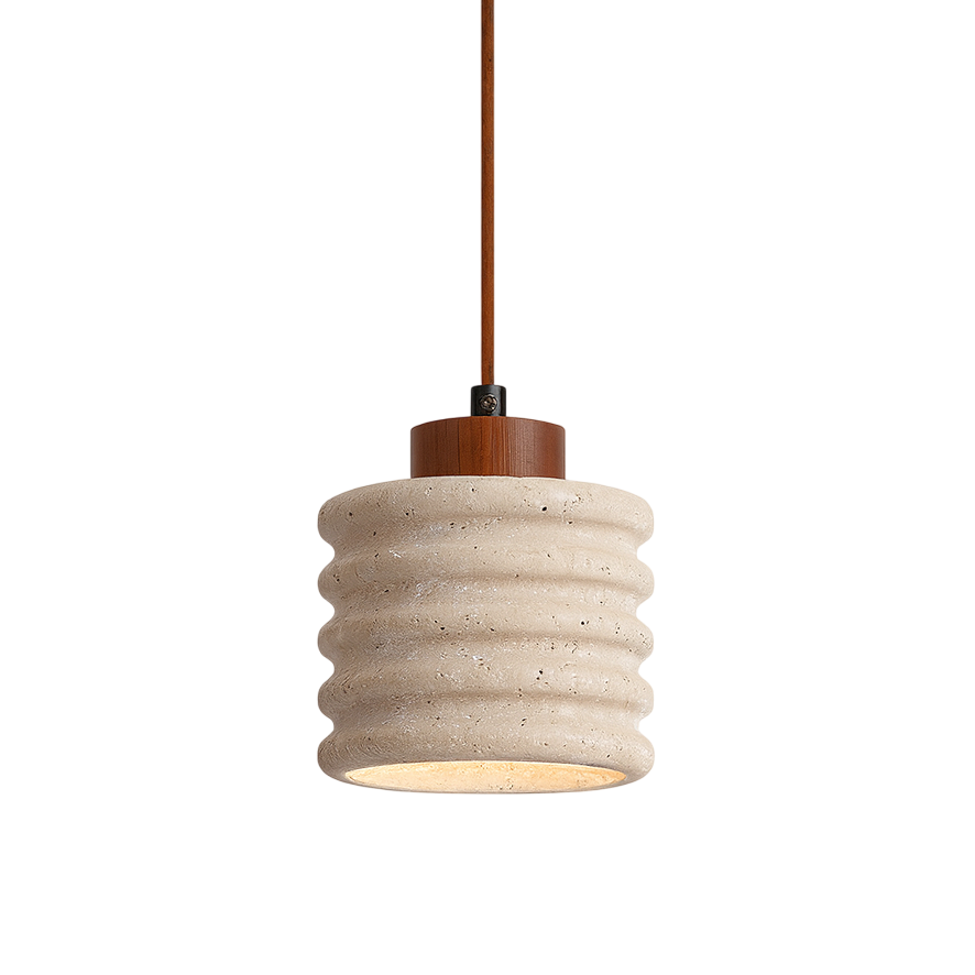 Suspension en pierre travertin jaune et bois LED-Déco Bohème