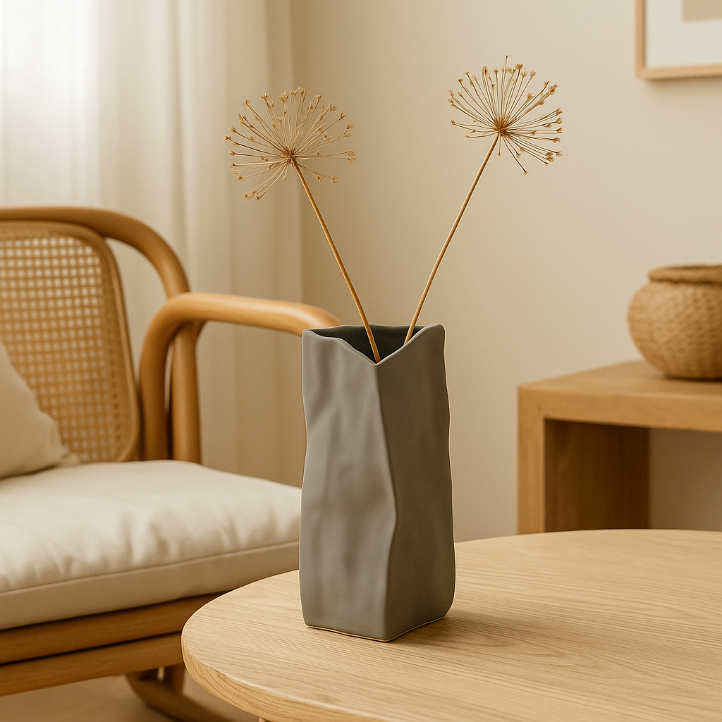 Vase Gris Triangulaire Céramique Texturée Bohème Chic-Déco Bohème