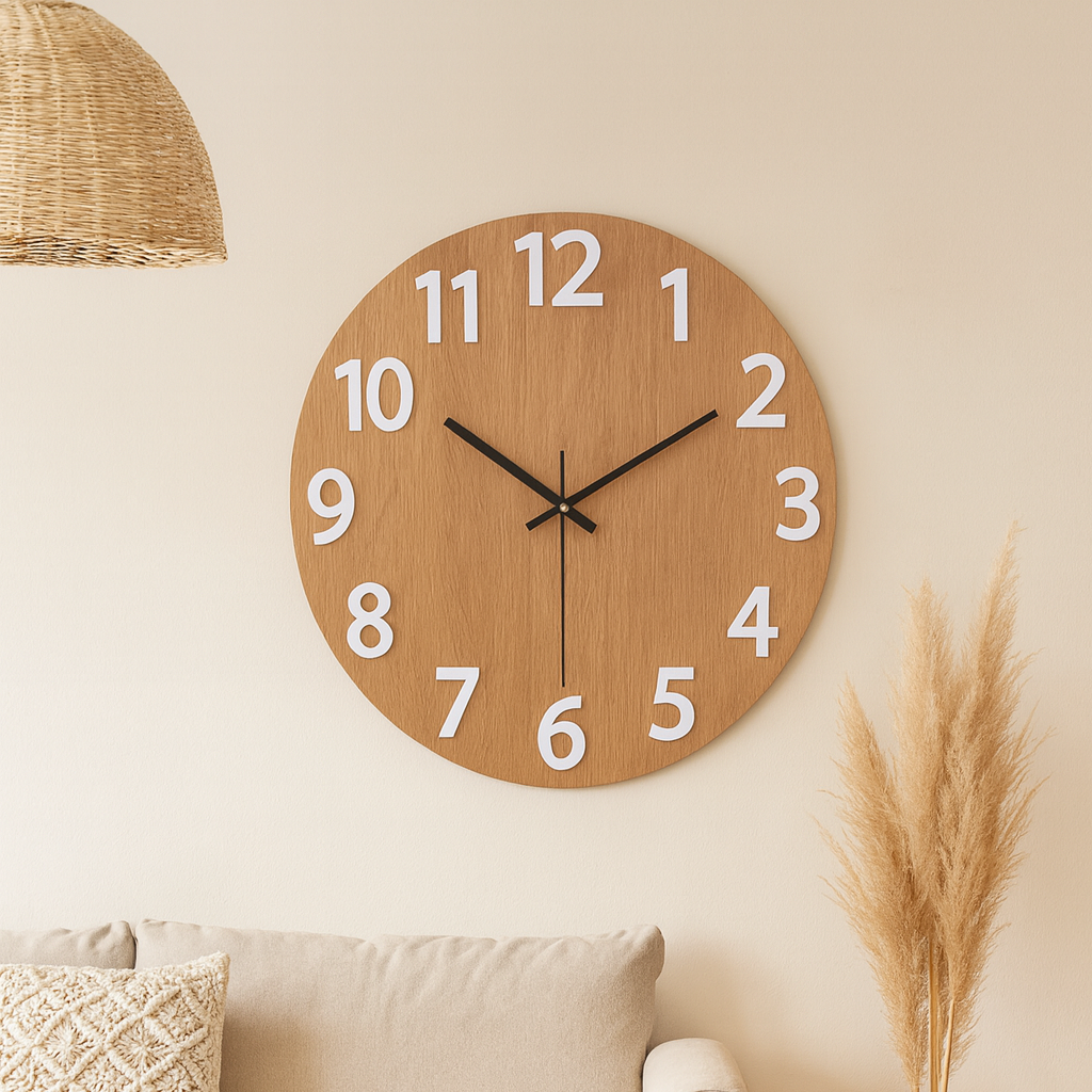 Horloge en Bois Chiffre Blanc en Relief Design Bohème