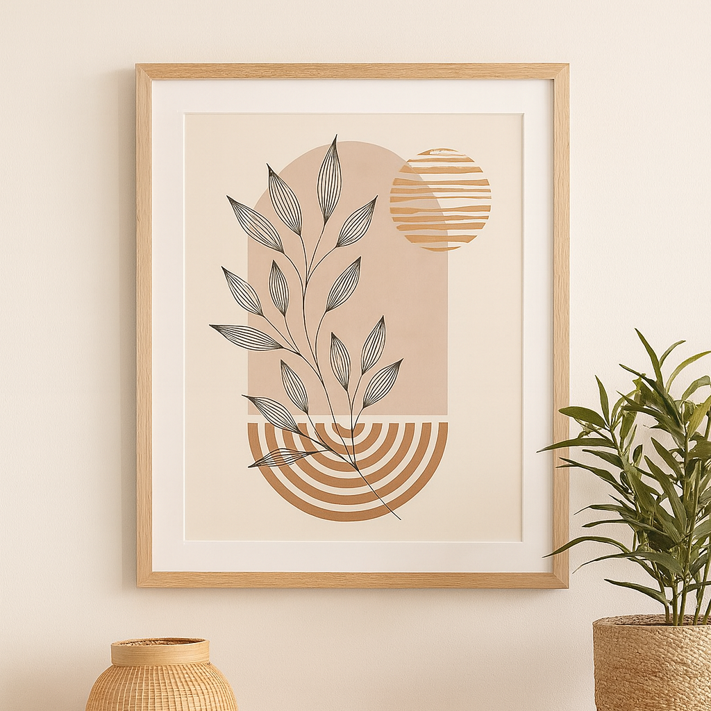 “Soleil Bohème” – Tableau mural abstrait et feuillage naturel-Déco Bohème