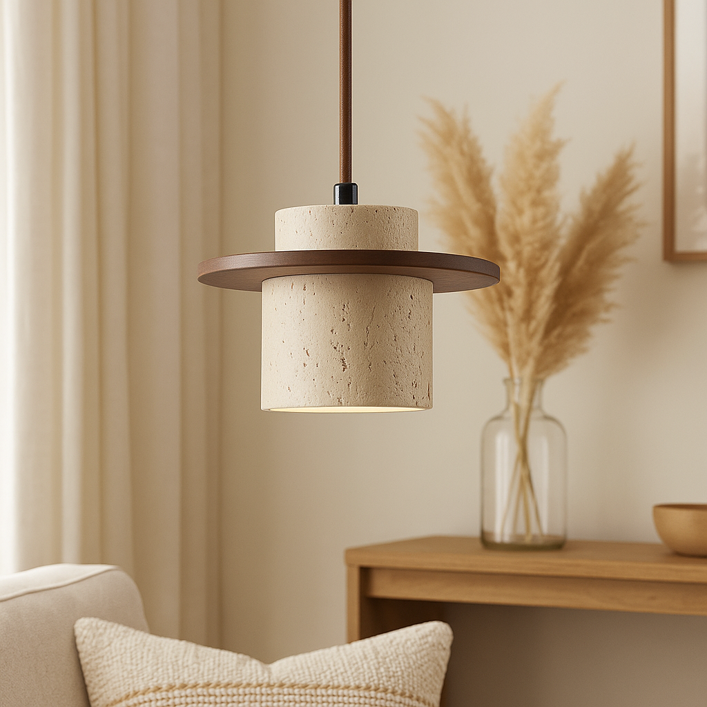 Suspension LED Pierre Travertin Jaune et Bois Clair-Déco Bohème