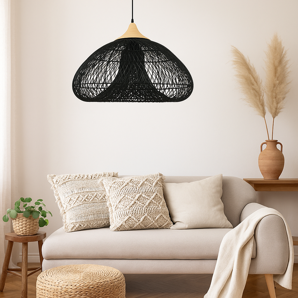 Suspension rotin LED Noire