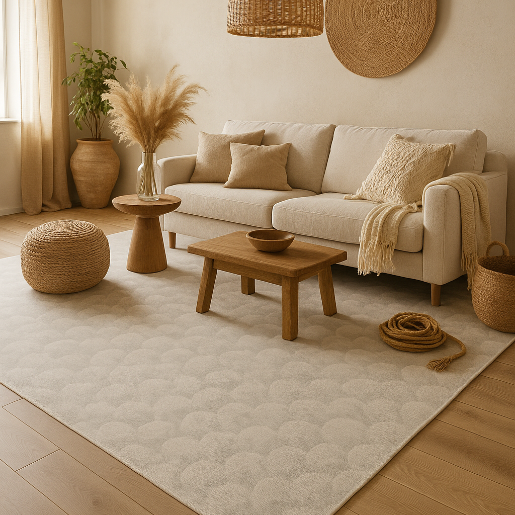 Tapis beige minimaliste motifs géométriques salon