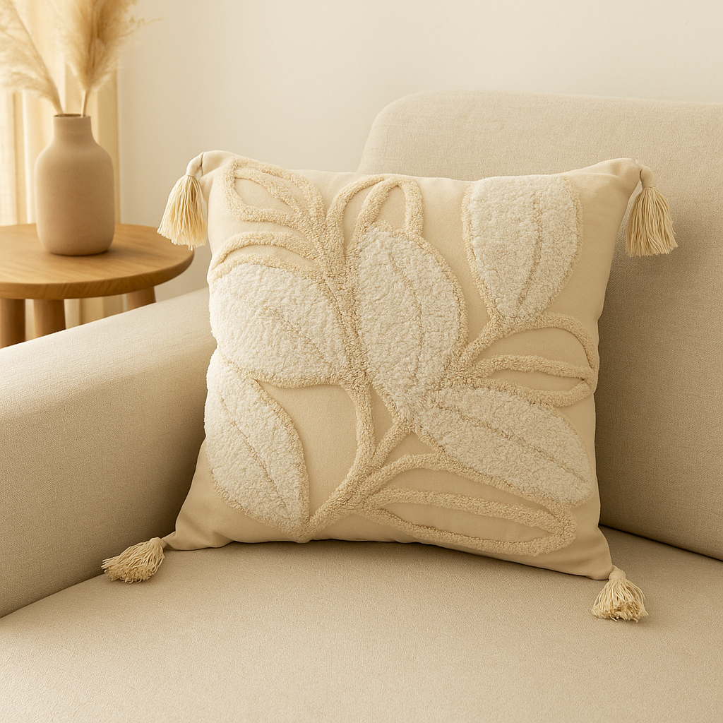 Housse de Coussin Texturée Feuille d’Ivoire-Déco Bohème