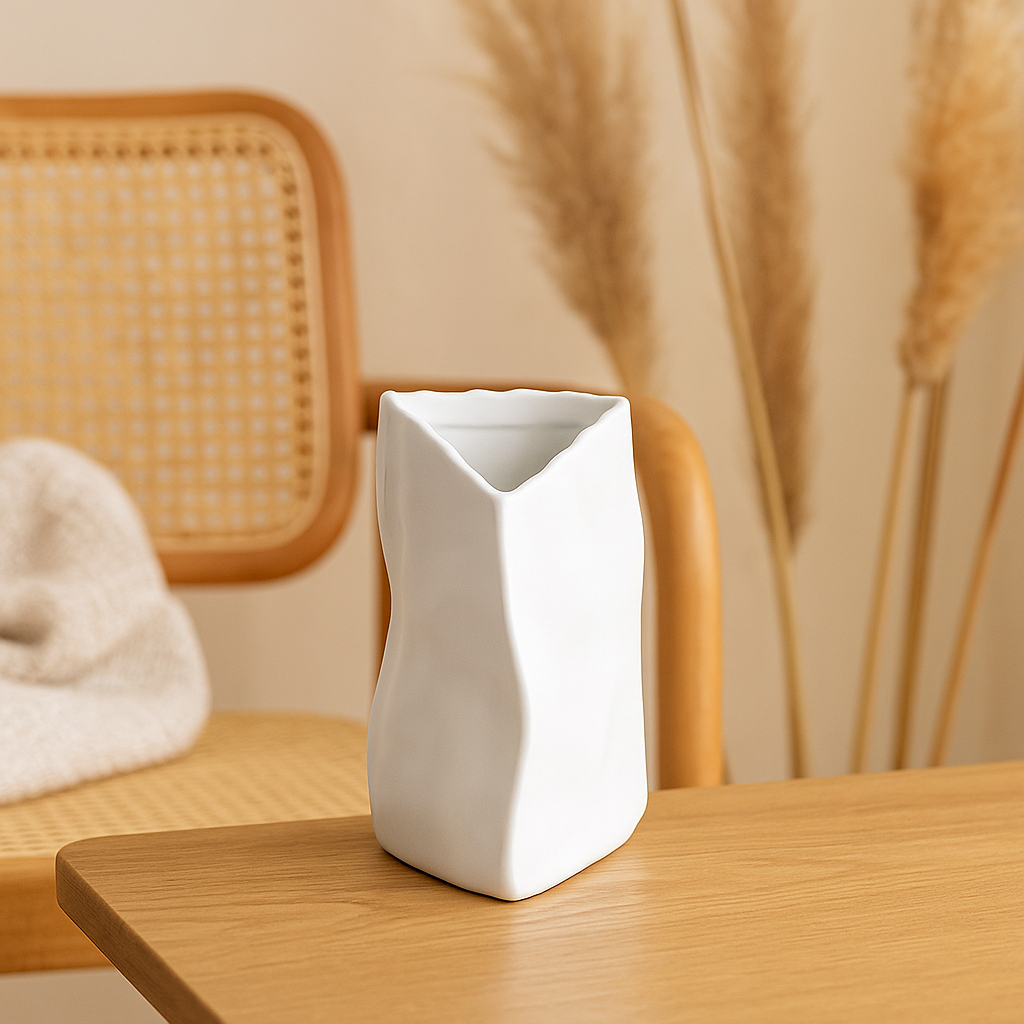 Vase Céramique Triangle Plissé en Blanc-Déco Bohème