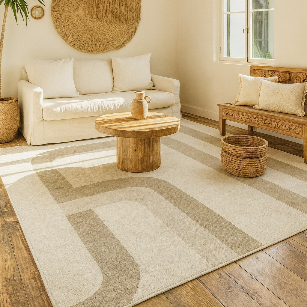 Tapis Salon Beige Lignes Bohèmes