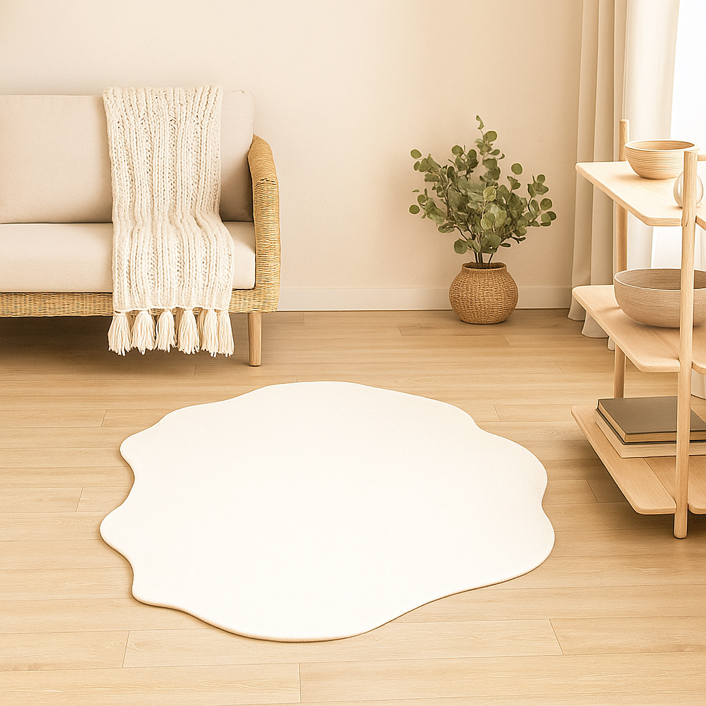 Tapis Salon Bohème Crème Irrégulier Fluffy Lavable