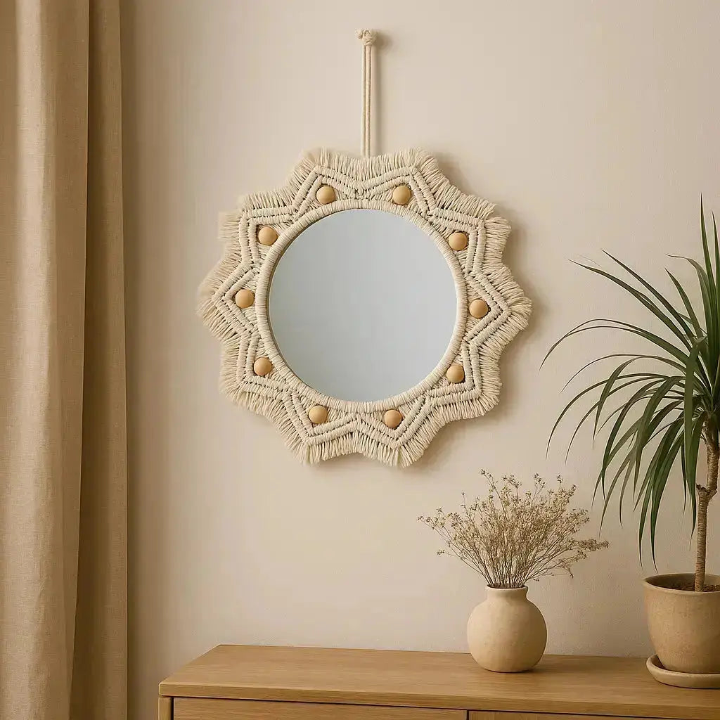 Miroir rond étoile en macramé bohème – 54cm - Déco Bohème