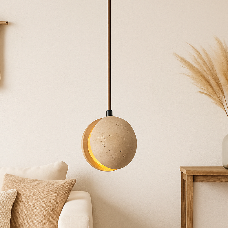 Suspension LED travertin jaune et bois naturel-Déco Bohème